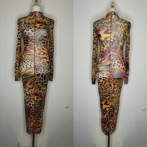 Blanc Sz M Green Leopard Zebra‎ Gold Glitter Sheer Midi Bodycon Dress Club Bday